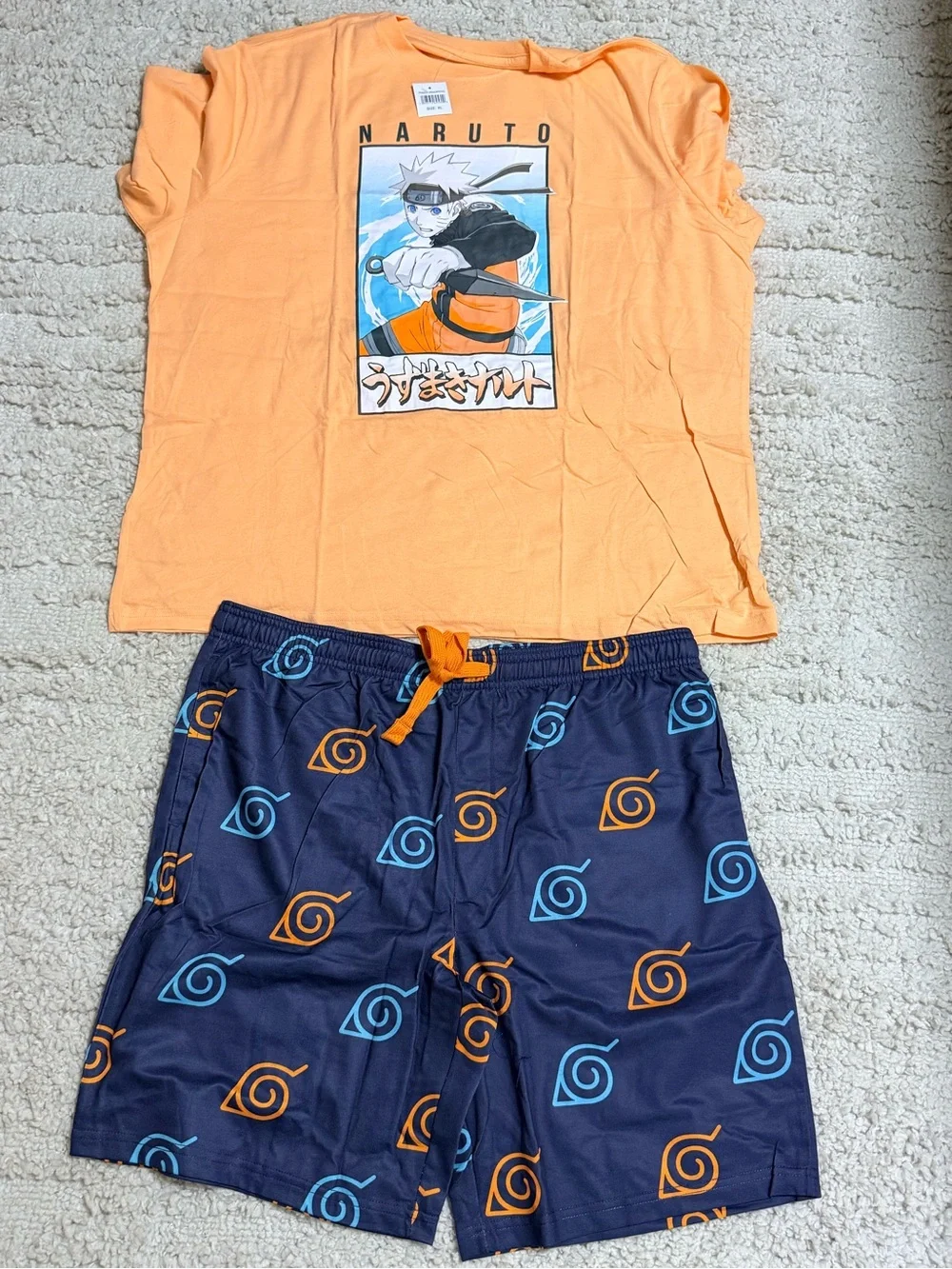 New Men’s Shippuden Naruto T-Shirt & Shorts Sleep Set Orange/Navy Size XL